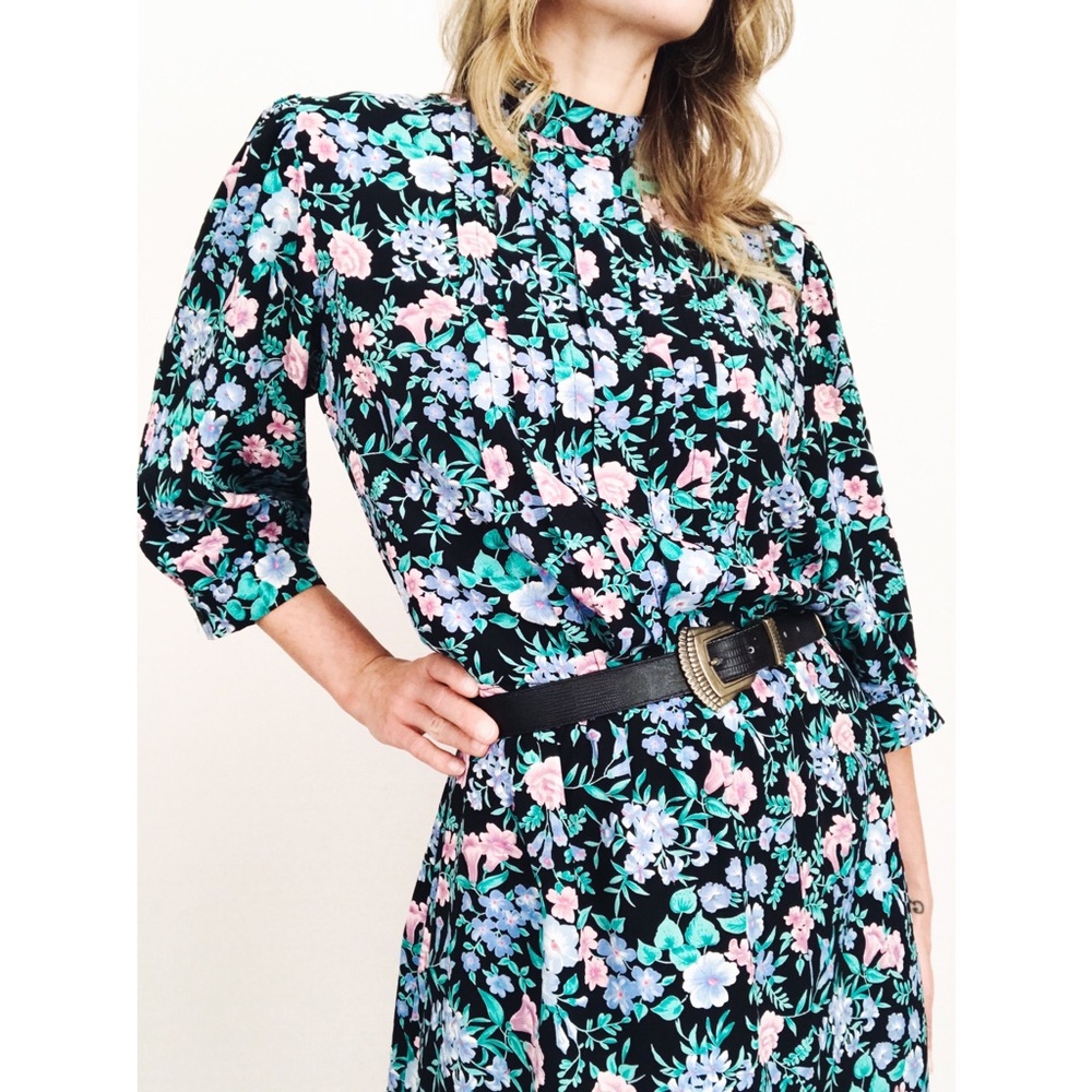 Vintage Botanical Midi Dress in Black | Size M